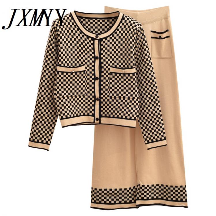 all in one place בגדי נשים Women Autumn Suit 2 Piece Set Plaid Cardigan O-Neck Wide Leg Pants Fashion Knit Two Piece Set 2020 Ropa Mujer