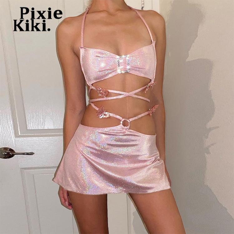 all in one place בגדי נשים PixieKiki 2021 Glitter Pink Two Piece Set Fairy Grunge Crop Top Mini Skirt Summer Clothes Sexy Club Rave Festival Outfit P82CA11