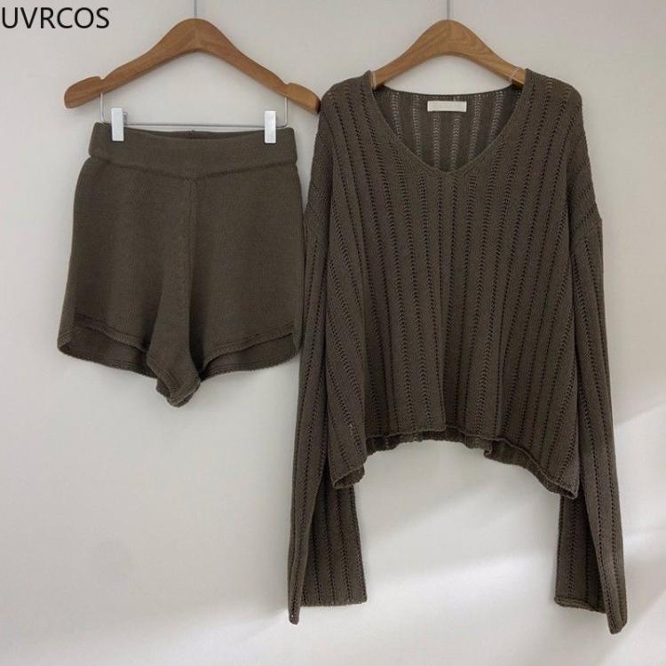 all in one place בגדי נשים Japanese Style Fashion 2 Piece Women Outfits Long Sleeve Pullover High Waist Short Wide Leg Pants Elegant Lady Office Suit Knit