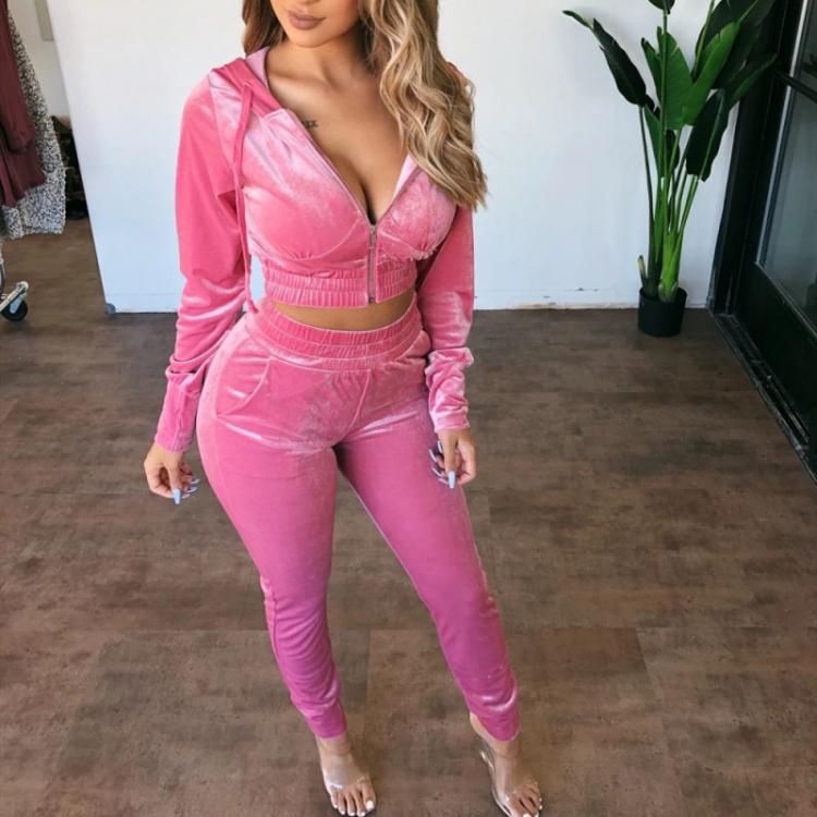 all in one place בגדי נשים Two Piece Set Women Velvet Hoodied Long Sleeve Crop Top Stacked Pants Leggings 2 Piece Set Outfits Tracksuit Sweatsuit