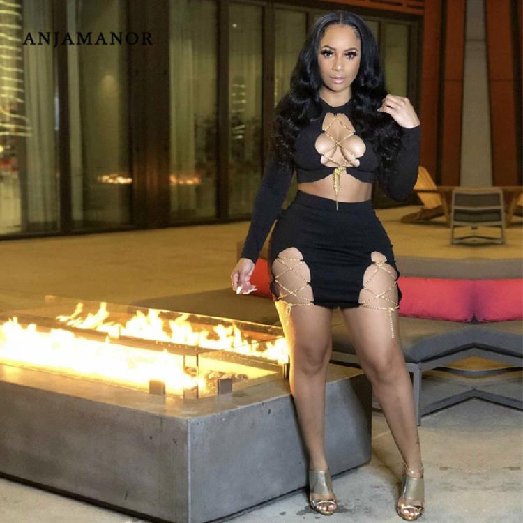 all in one place בגדי נשים ANJAMANOR Sexy Two Piece Set Metal Chain Lace Up Crop Top and Skirt Matching Sets Birthday Club Outfits for Women D52-DZ35