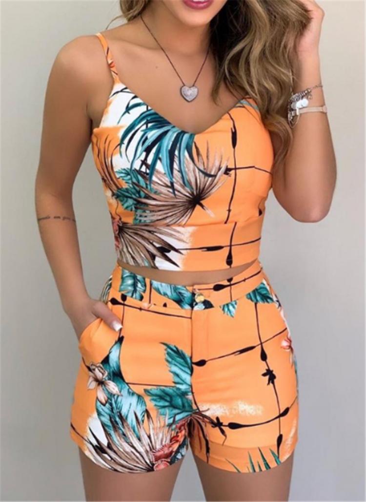 all in one place בגדי נשים Fashion Women Shorts Suits 2Pieces Sets Summer Office Lady Floral Strap Tank Crop Top+High Waist Button Shorts Female Outfits