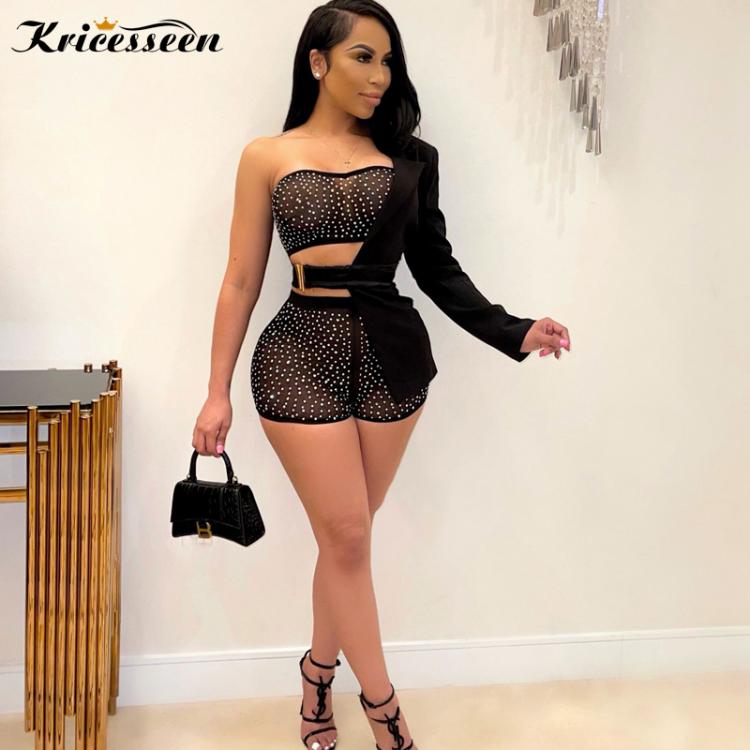 all in one place בגדי נשים Kricesseen Sexy Black Crystal Two Pieces Shorts Set Women One Sleeve Jackets And High Waist Shorts Special Club 2 Pieces Outfits