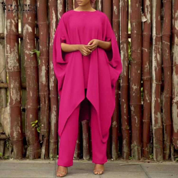 all in one place בגדי נשים Oversize Solid Matching Sets Women Casual Batwing-Sleeve Irregular Top Elastic Waist Pant Work OL Pant Sets ZANZEA Retro Suits
