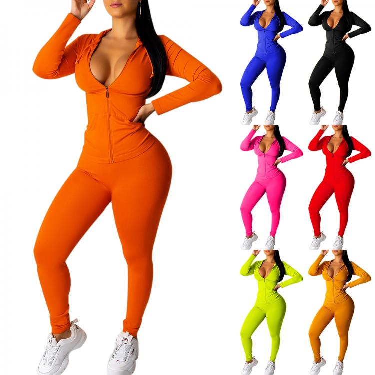 all in one place בגדי נשים autumn two piece set women long sleeve hooded zipper pocket sporty Jackets+leggings matching sets workout stretchy outfits