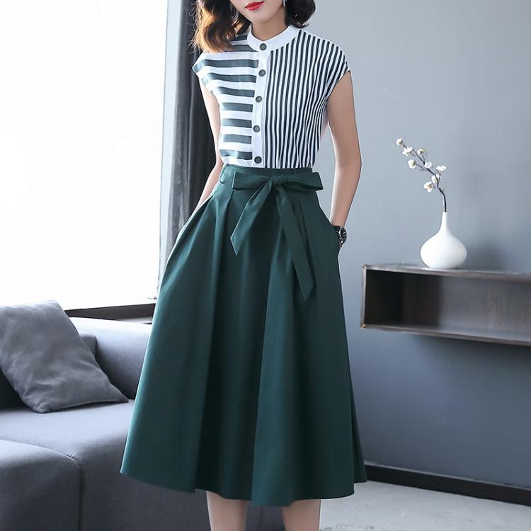 all in one place בגדי נשים Summer Women Office Two Piece Set Casual Striped Shirts Blouses and Bow Midi Skirt Female Business Formal Skirt Suit Sets