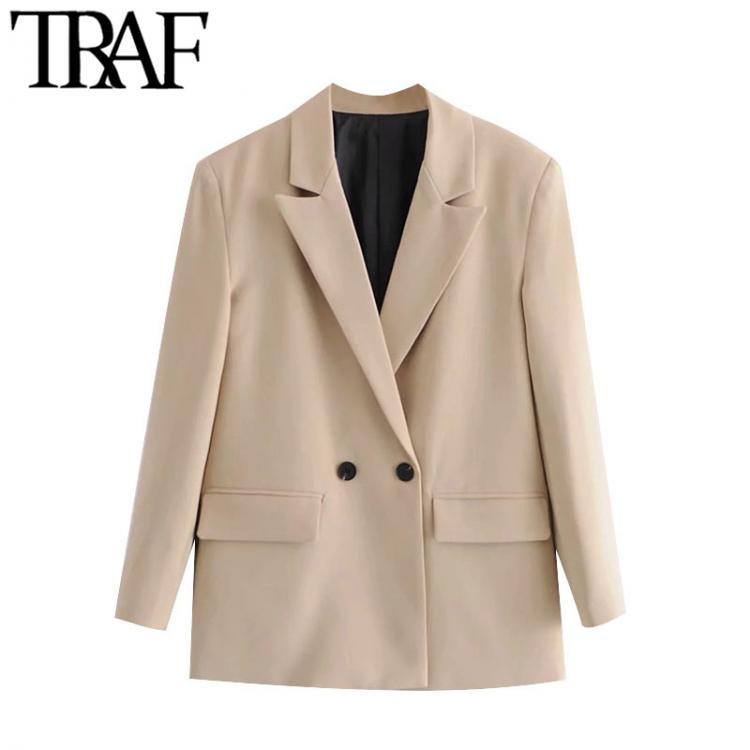 all in one place בגדי נשים TRAF Women Fashion Double Breasted Loose Fitting Blazer Coat Vintage Long Sleeve Pockets Female Outerwear Chic Tops