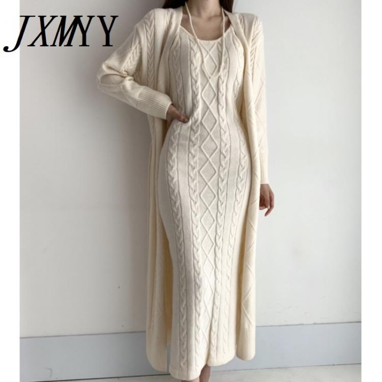 all in one place בגדי נשים Elegant Fall Winter Thick Knitted 2 Piece Set Women Twist Long Cardigan Sweater Coat +Sleeveless Long Dress Suit Ensemble Femme
