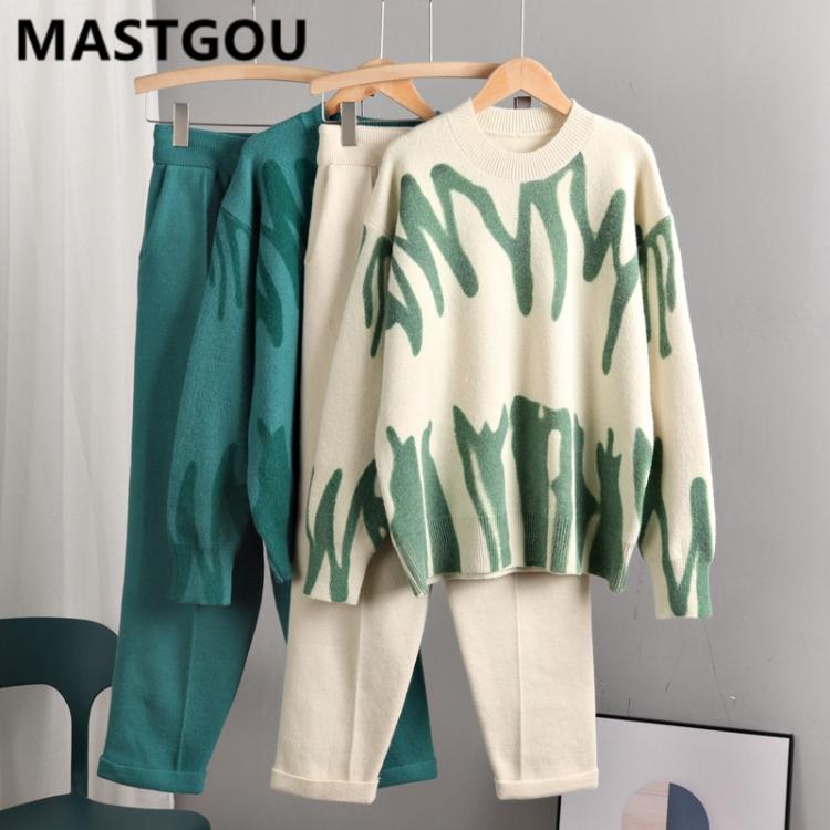 all in one place בגדי נשים MASTGOU Cashmere Women Sweater Tracksuits Tie Dye Knit Two Pieces Pencil Pants Sets Oversized Loose Sweaters Suits Clothing
