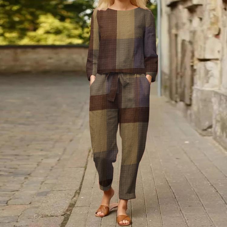 all in one place בגדי נשים Women Casual Printed Sets ZANZEA 2021 kaftan Long Sleeve Blouses and  Elastic Waist Trousers Female Checked Matching Sets 2PCS