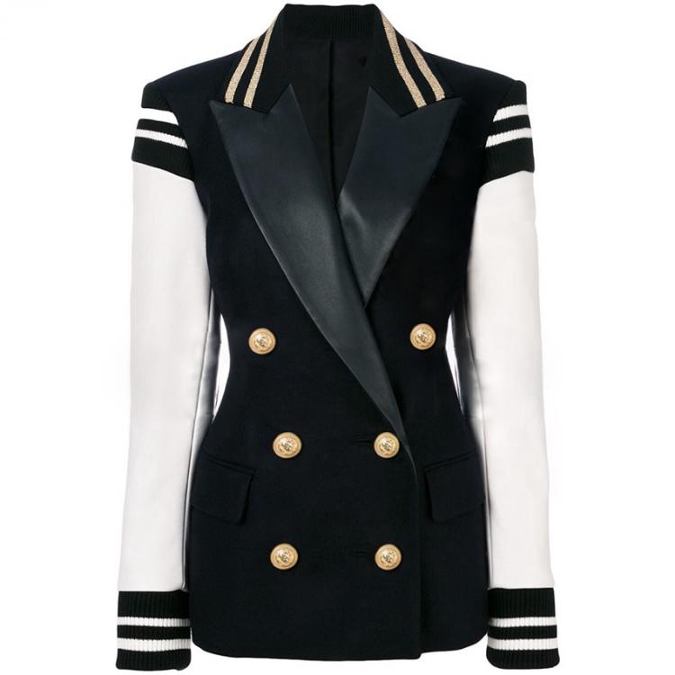 all in one place בגדי נשים HIGH STREET New Fashion 2021 Stylish Blazer Varsity Jacket Women's Leather Sleeve Patchwork Lion Buttons Blazer