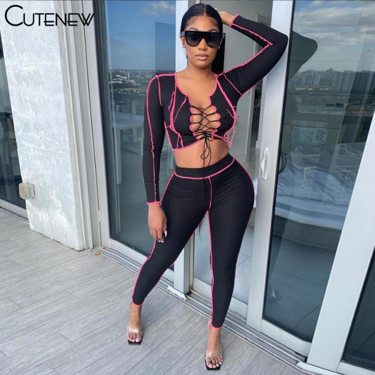all in one place בגדי נשים Cutenew Sexy V-Neck Hollow Out Two Piece Set Women 2021 Spring Bandage Crop Tops+Stretchy Pants Outfit Fashion Casual Streetwear