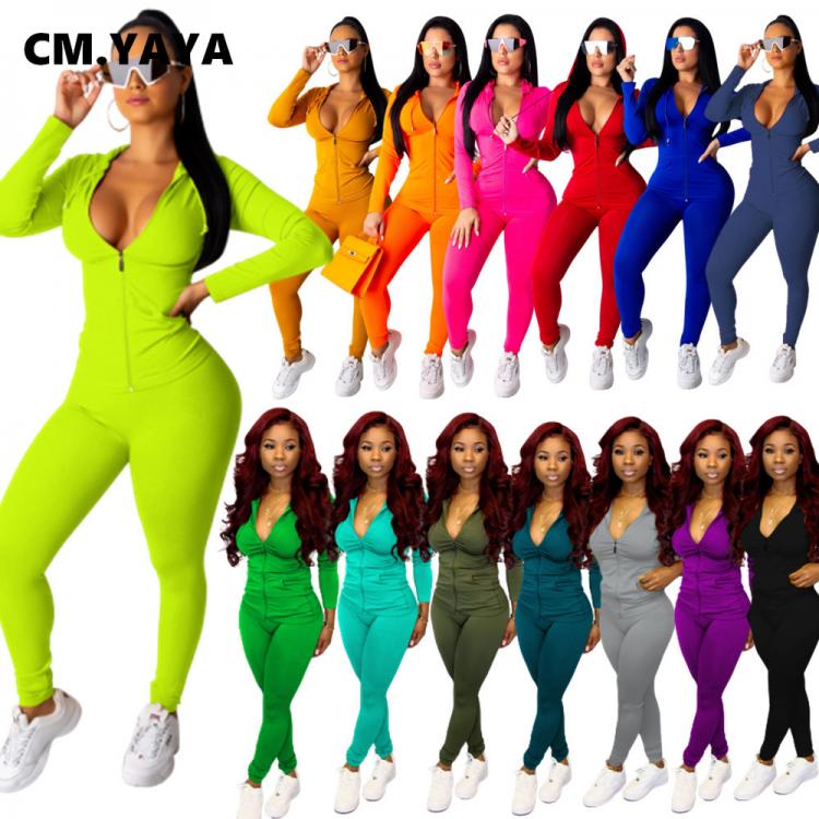 all in one place בגדי נשים CM.YAYA Autumn Women Solid Zipper Up Long Sleeve Hooded Top Pencil Pants Suit Two Piece Set Casual Sporting Tracksuit Outfit