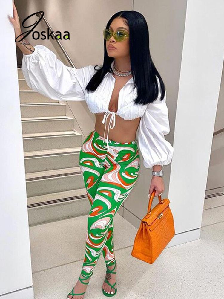 all in one place בגדי נשים Joskaa Sexy Two Piece Women Pants Sets Deep V Lace-Up Lantern Sleeve Crop Shirt Leggings Suit Fall 2021 Fashion Party Clubwear