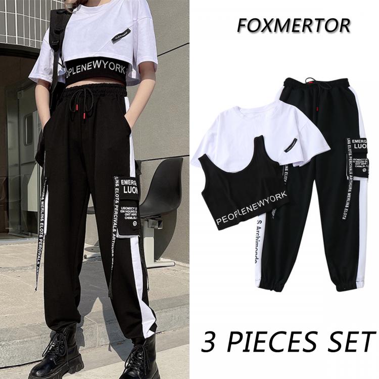 all in one place בגדי נשים 3 Pieces Set Summer Women Cargo Pants Suit Set Streetwear Outfit Harajuku Short Sleeve 2021 Trousers & Crop Tops Tee Shirt #TZ