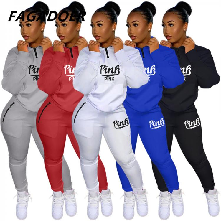 all in one place בגדי נשים Fall Winter Tracksuits Two Piece Set Pink Letter Print Solid Casual Outfits Zip Sweatshirt + Pockets Pants Set Women Sweat Suit