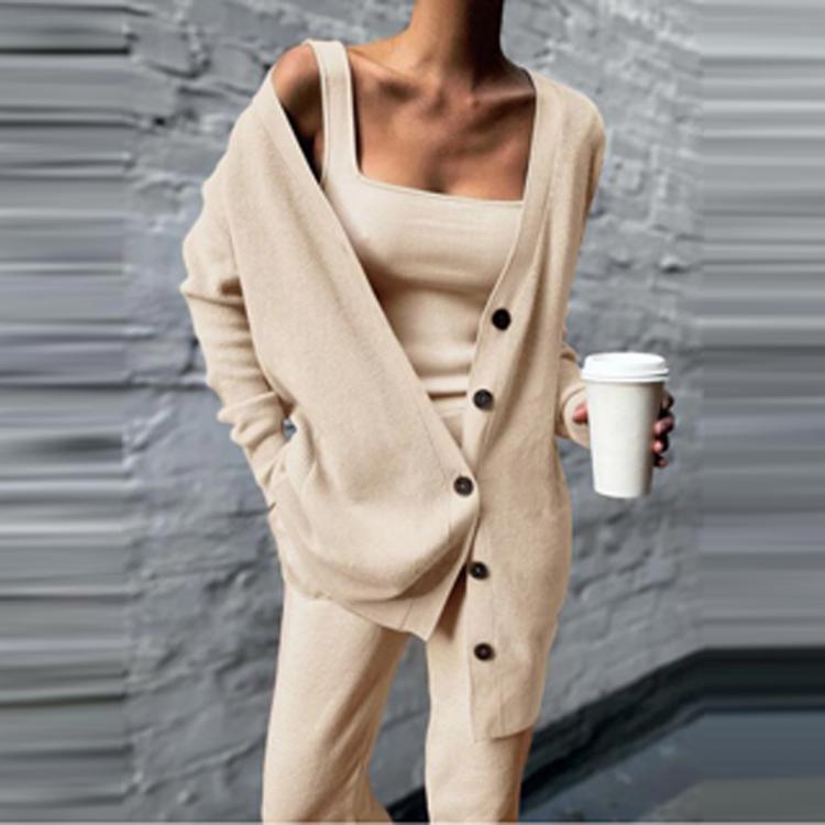 all in one place בגדי נשים Spring Solid Rib Knitted 3 Piece Sets Women Elegant Strapless Top and Long Pants Suit Sexy Single Breasted Long Cardigan Outfits