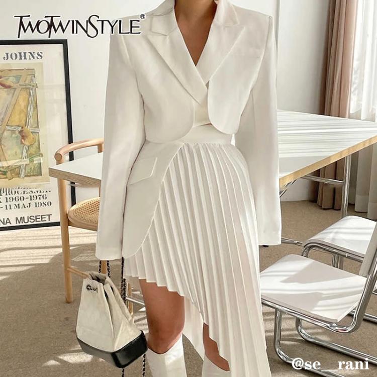 all in one place בגדי נשים TWOTWINSTYLE Casual White Two Piece Set For Women Notched Long Sleeve Blazer High Waist Irregular Hem Skirt Female Korean Sets