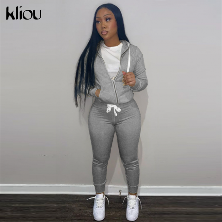 all in one place בגדי נשים Kliou Harajuku Casual Two Piece Set Women Early Autumn Simple Solid Zipper Hooded Top+Sheath Sporty Active Female Wear Outfits