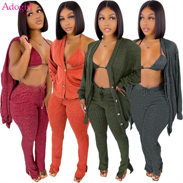 all in one place בגדי נשים Adogirl Women Solid Sweater 3 Piece Set Lace Up Bra Top Full Sleeve Single Breasted Long Cardigan Split Flare Pants Knitted Suit