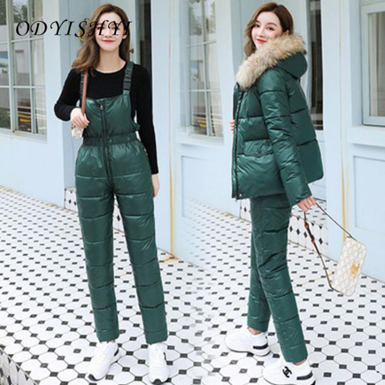 all in one place בגדי נשים 2021 Thick Winter Women Clothing Suspenders Jumpsuit Cotton Coat Suit Fashion Warm Hooded Fur Collar Padded Jacket Two-piece Set