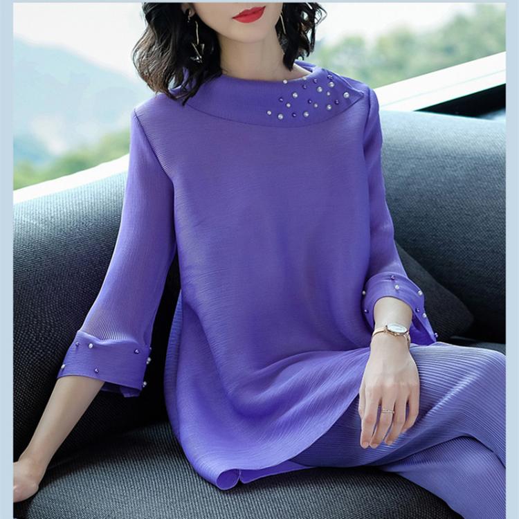 all in one place בגדי נשים Pleated  Spring Summer New Women Elegant 2 Pieces Sets Large Size Flare Sleeve Beading Tops and Mid-calf Pant Set Famale Suits
