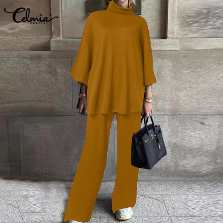 all in one place בגדי נשים Celmia 2021 Winter Warm Women 2 Pieces Set Fashion High Collar 3/4 Sleeve Tops and Wide Leg Long Pants Casual Loose Solid Suits