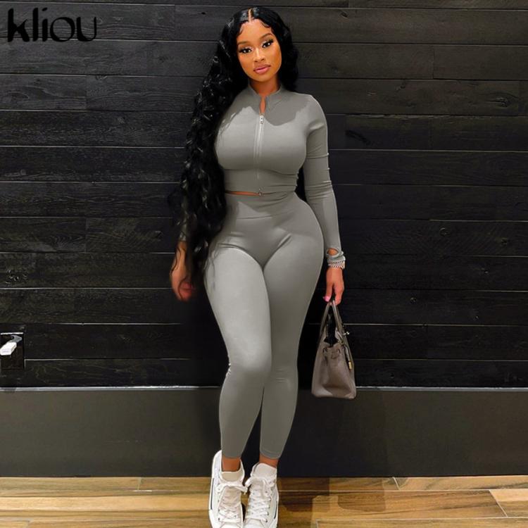 all in one place בגדי נשים Kliou Solid Simple Two Piece Set Women Sheath Slim Casual Sporty Long Sleeve Zipper Top+Body-Shaping Female Activewear Outfits