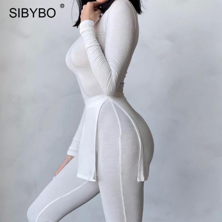 all in one place בגדי נשים Sibybo Summer Two Piece Set Leggings Women Black Long Sleeve T-shirt And Long Pants Suit Femme Rib Knitted Stretchy Outfits 2021