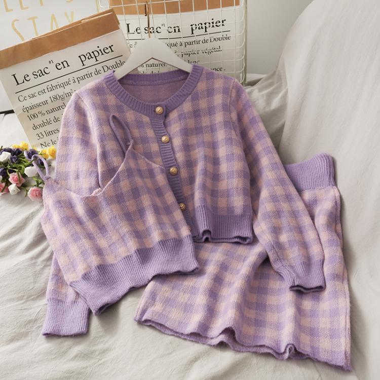 all in one place בגדי נשים Sweet Plaid Three-Piece Women's New O Neck Single-Breasted Long-Sleeved Loose Sweater with Short Strap two piece set skirt