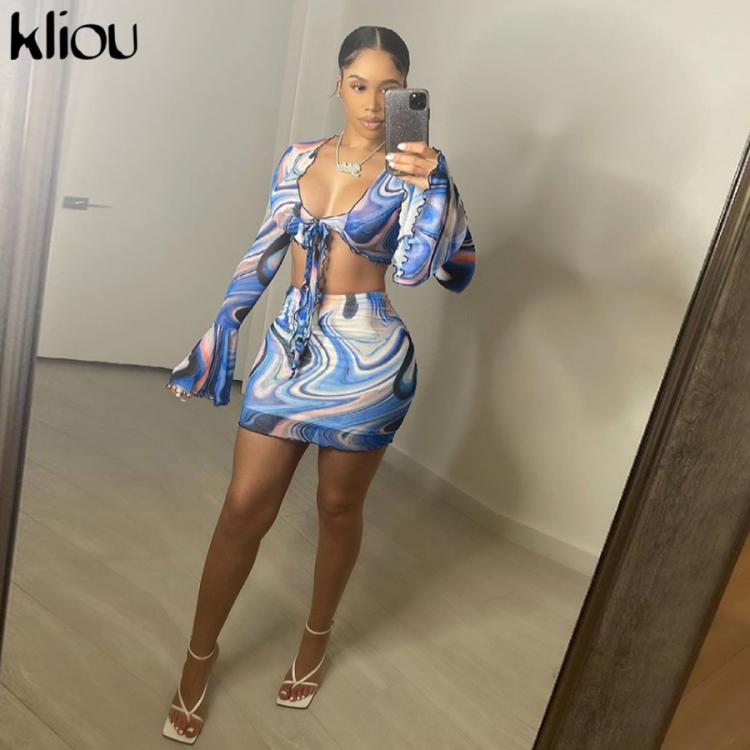 all in one place בגדי נשים Kliou Bow Lace Print Sheath Sexy Women Two Piece Sets 2021 Flare Sleeve V-Neck Hot Female Mesh Ruched Clubwear Outfits