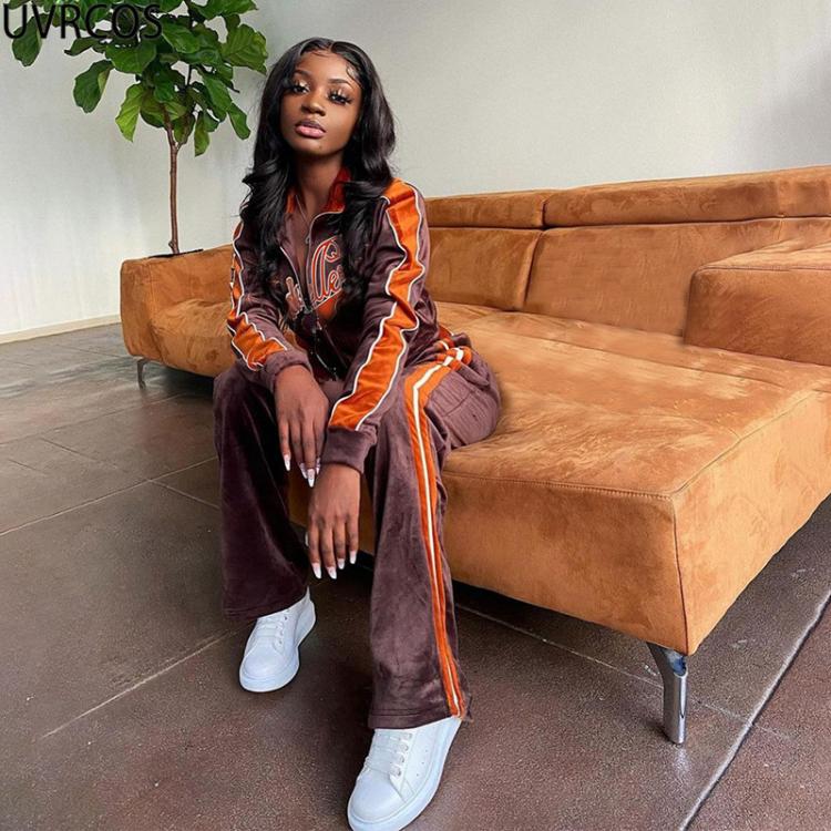 all in one place בגדי נשים UVRCOS Women Tracksuit Letter Printed Velvet 2021 New Sportwear Lady's Suit 2 Piece Sweatshirt+Straight Sweatpants Matching S