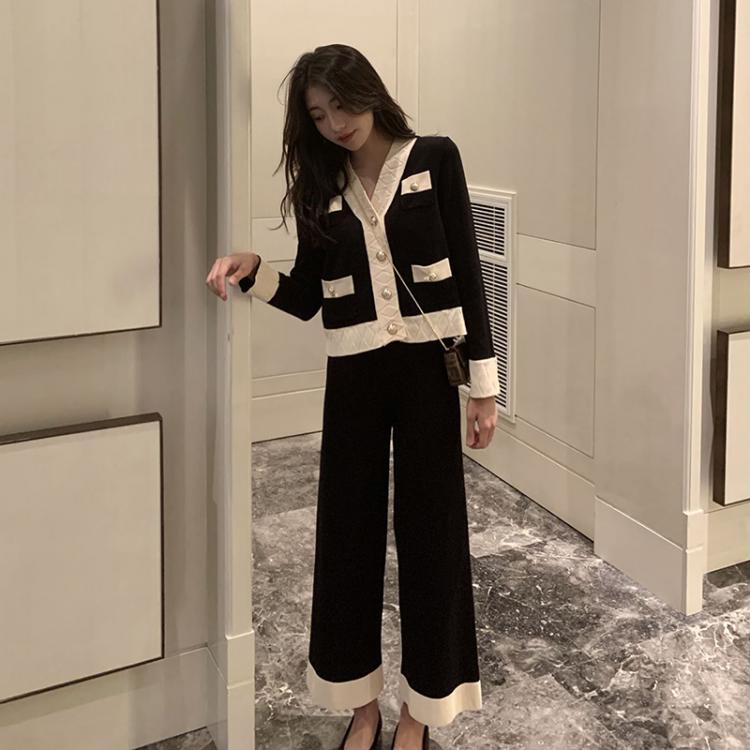 all in one place בגדי נשים Fashion women's suit 2021 spring new knit suit fashion professional knitted wide-leg pants two-piece suit