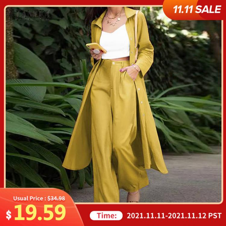 all in one place בגדי נשים ZANZEA Fashion Long Sleeve Shirt 2PCS Women Suits Autumn Matching Sets Solid Loose Pant Sets Casual Wide Leg Trousers Oversized