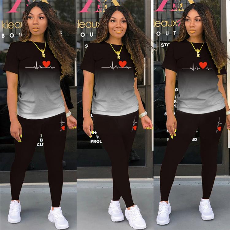 all in one place בגדי נשים Women Two Piece Suit Casual Sportswear Cotton Gradient Pullover Short Sleeve O-neck Sports Fitness Trousers Suit 2021 Summer