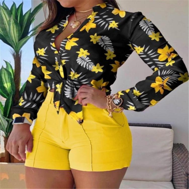 all in one place בגדי נשים Two Piece Set Women High Waist Shorts Sets Female Stand-up Collar Long Sleeves Shirt Women's Summer Suit Printed Plus Size Se