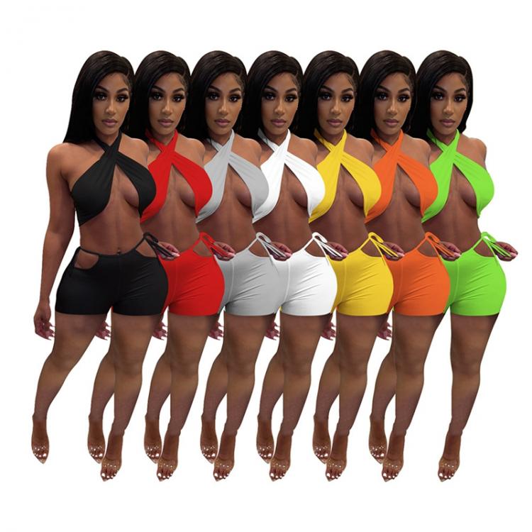 all in one place בגדי נשים HAOYUAN Two Piece Set Women Summer Sweat Suits Halter Crop Top Bandage Hollow Biker Shorts Sexy Night Club Outfits Matching Sets