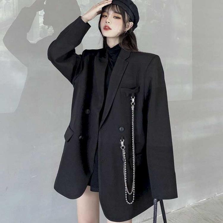 all in one place בגדי נשים New Suit Jacket Women's Trendy Dark Black  Retro Loose And Thin Fried Street Suit Jacket Women 2021 Spring And Autumn Loose A