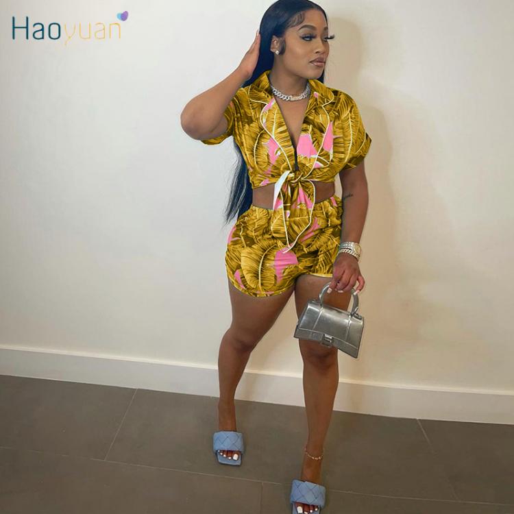all in one place בגדי נשים HAOYUAN Leaves Print Two Piece Set Women Short Sleeve Button Shirts Tops and Biker Shorts Sexy Vacation Outfits Matching Sets