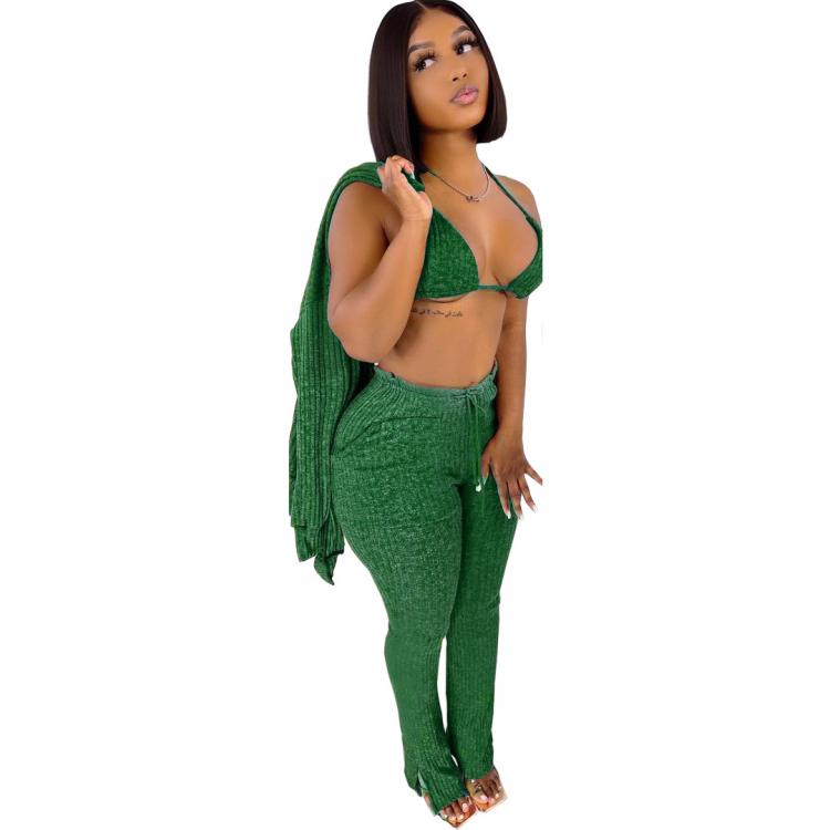 all in one place בגדי נשים 3 Piece Knitted Set Women with Cardigan Fashion Long Sleeve Button Up Top + Bra + Long Flared Pants Sets Plus Size Knit Set