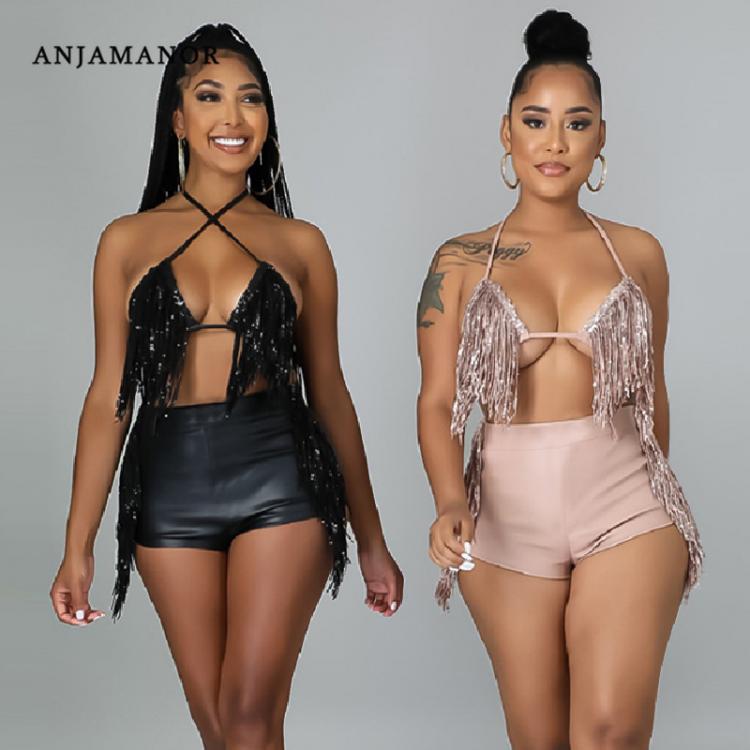 all in one place בגדי נשים ANJAMANOR 2 Piece Sets Sexy Glitter Sequin Tassel Crop Top Bra and Shorts Sets Clubwear Rave Outfit Festival Clothing D57-DZ16