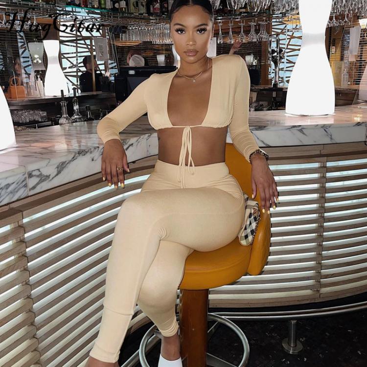 all in one place בגדי נשים Hugcitar 2021 Summer Solid Long Sleeves Bandage V Neck Crop Top Leggings 2 Pieces Set Bodycon Sexy Party Club Y2K