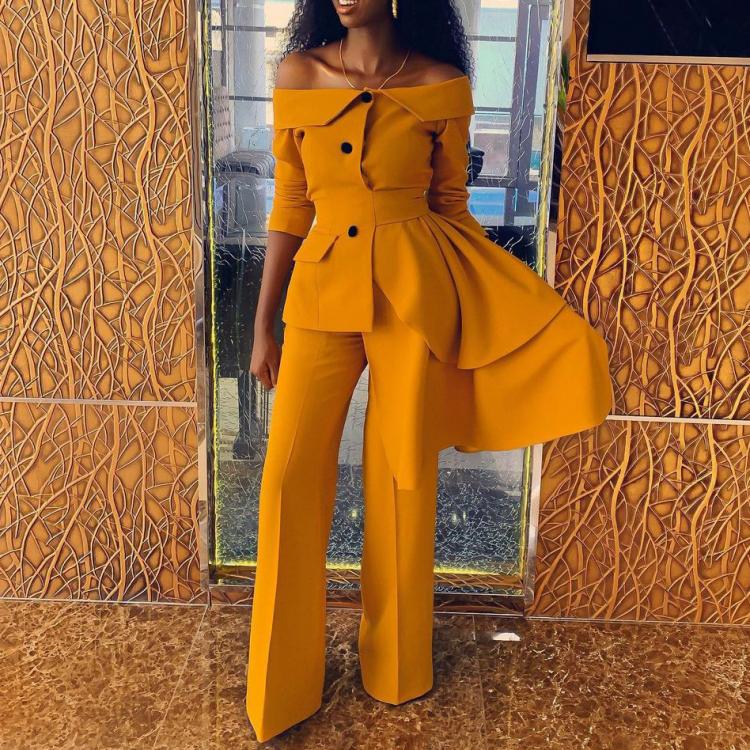 all in one place בגדי נשים 3048 Autumn Women Trouser Suits Elegant Fashion Off Shoulders Asymmetric Tops High Waist Pants Solid Office Lady Two-Piece Sets