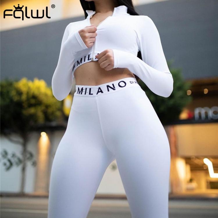 all in one place בגדי נשים FQLWL Streetwear White Pink 2 Two Piece Set Women Outfits Fitnesss Long Sleeve Crop Top Leggings Women Ladies Tracksuit Female