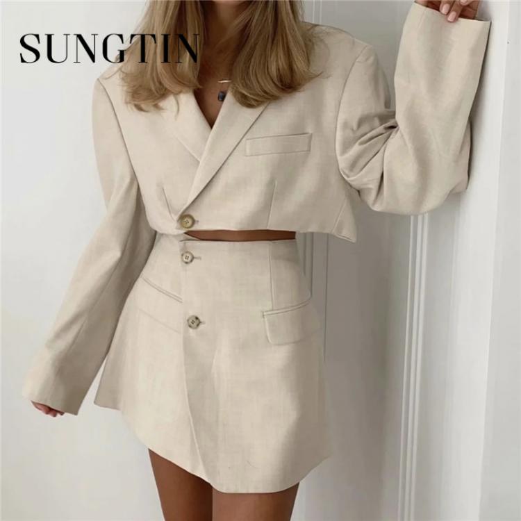 all in one place בגדי נשים Sungtin Sexy Copped Blazer 2 Piece Set Empire Split Skirts Set Suit Women Single Button Blazer Empire Solid Skirts Summer Korean
