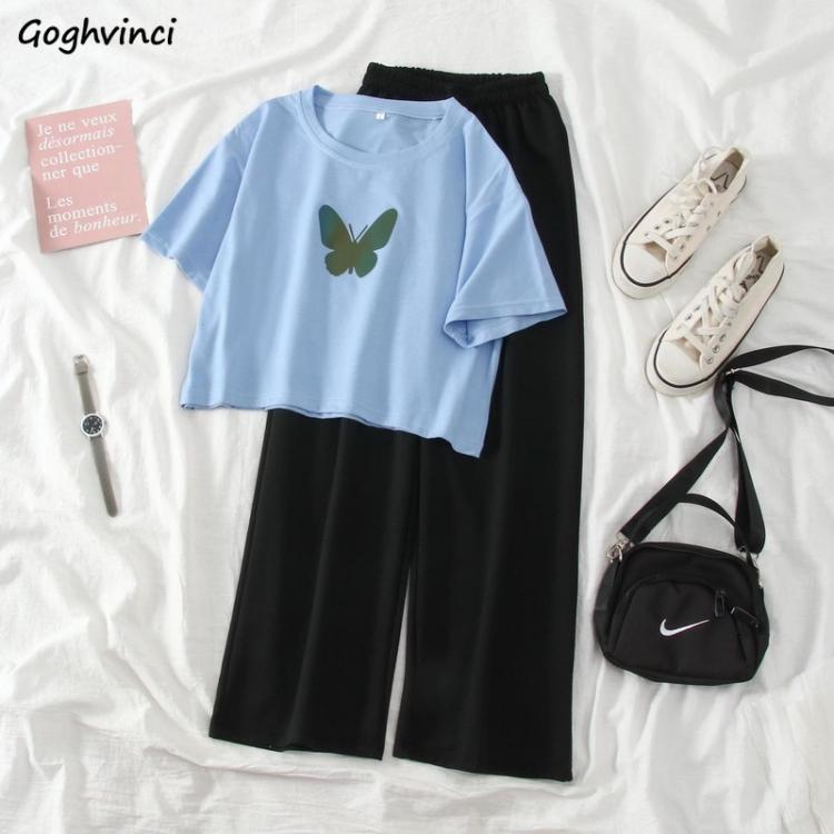all in one place בגדי נשים Women Sets Printed Simple Tee Elastic Waist Wide-leg Trousers Leisure Lovely Girl Loose Fashion Korean Style Comfortable Ulzzang
