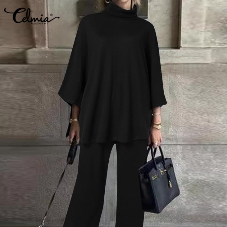 all in one place בגדי נשים Celmia Casual Loose Solid Suit Winter Warm 2 Pieces Set Fashion 2021 Women High Collar 3/4 Sleeve Tops and Wide Leg Long Pants