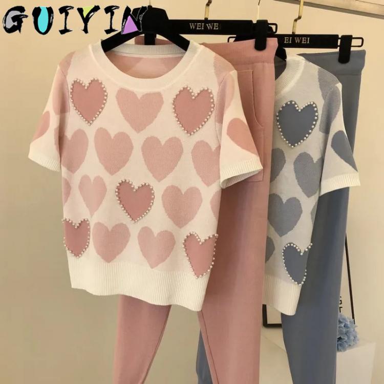 all in one place בגדי נשים Korean Beaded Love Printed Knitted Sweet 2 Pcs Women Short Sleeve Beading Sweaters Female Tops+pants Suit Pink Casual Tracksuit