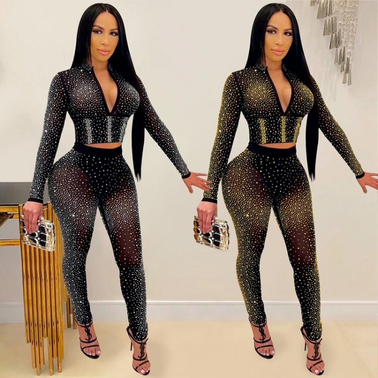 all in one place בגדי נשים Rhinestone Mesh See Through Two Piece Set For Women Sexy Deep V Neck And Long Skinny Trousers Nightclub Party Bodycon S-XXL