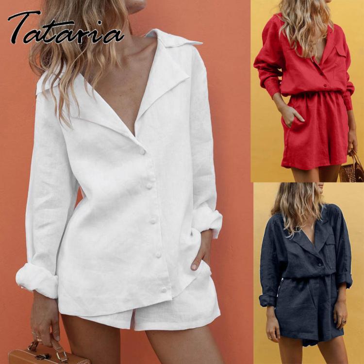all in one place בגדי נשים 2 Piece Set Women 2020 V Neck Slim Summer Cotton Lapel Button Temperament Suit Shorts Suit Summer Causal Beach white Sweatsuit